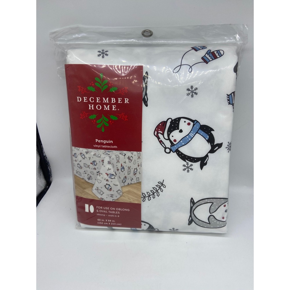 December Home Penguin Vinyl Tablecloth 60x84 Oblong Oval Christmas Winter White